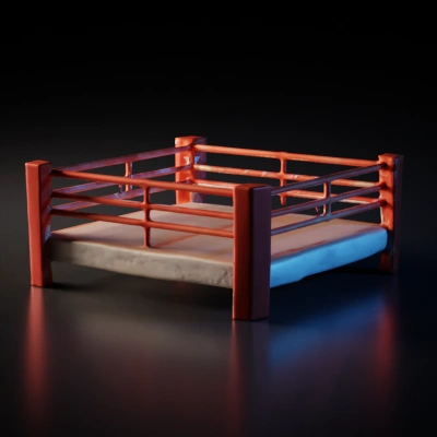 Square boxing ring with corner posts, railing.