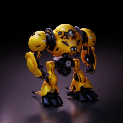 Giant battle-ready mech with laser weapons, four legs.