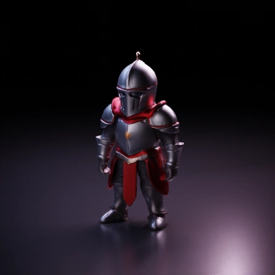 Medieval knight in full plate armor, visor helmet, red cloak.