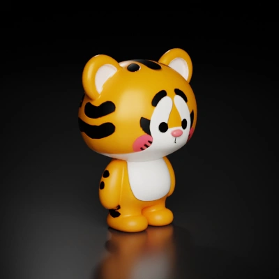 Cartoon tiger with round head and cute features.