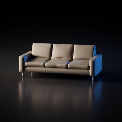 Comfortable modern sofa, padded seating, short wooden legs.