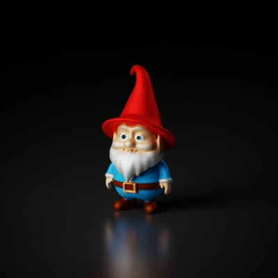 Garden gnome with red hat and blue outfit.