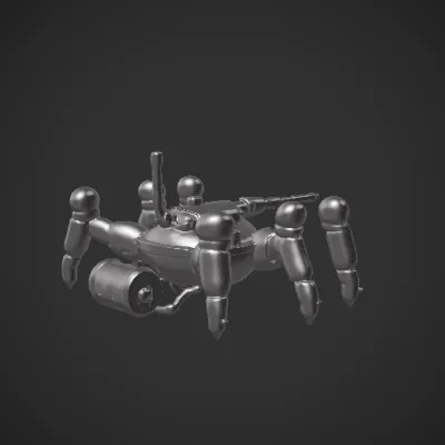 Multi-legged combat robot with turret, artillery appendages. symmetric geometry, sharp edges, complex geometry, game-ready
