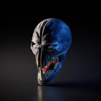 Horrifying skeletal head with hollow black eyes, menacing grin.
