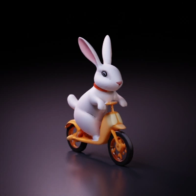 Rabbit riding a small scooter, playful pose.