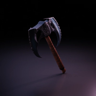 Double-bladed axe with intricate carvings, leather-wrapped handle, skull ornament on the side.