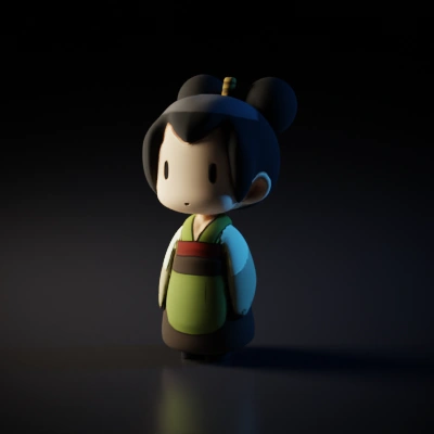 Chibi-style character wearing traditional outfit, side view.