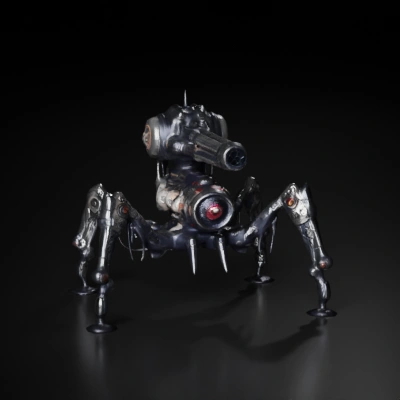 Mechanical spider tank with cannon and intricate design.