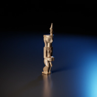 Wooden tribal statue, human figure, holding object.