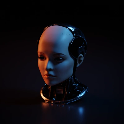 Cyborg head with human features, futuristic design.