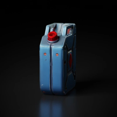 Stylized Fuel container, rugged design, red cap, Fortnite style