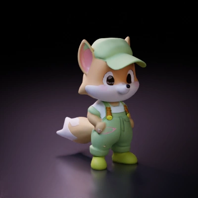Anthropomorphic smiling fox in overalls, cartoon style.