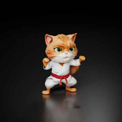 Anthropomorphic cat in martial arts attire, dynamic pose.