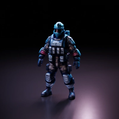 Armored soldier equipped with advanced tactical gear.