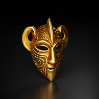 Ornate tribal mask with intricate patterns, horned design. Brass