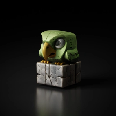 Toy parrot sculpture with cartoonish features.