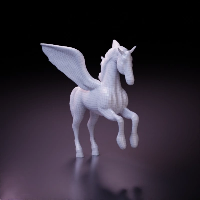Winged horse with majestic posture, black and white spots.