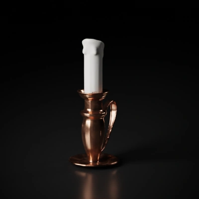 Old-fashioned candle holder, has lit candle.
