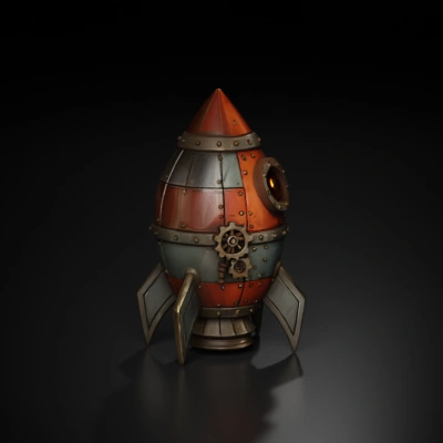 Steampunk-style rocket ship.