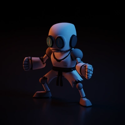 Robot fighter in combat stance, cartoon style, wearing a torn up karate gi and a karate belt. make the torso a little more narrow. The character should look a little beat up and dirty, but still cartoony. Make the pupils look a little more like small white boxes arranged with small gaps to make vertical rectangles. And smooth out the mouth portion. It looks too much like teeth, and that's unsettling.