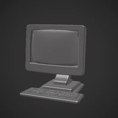 Vintage computer with monitor and keyboard. symmetric geometry, smooth edges, simple geometry.