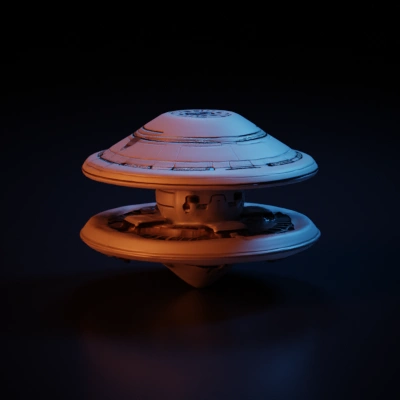 Flying saucer-like spaceship, futuristic design, mechanical detailing.