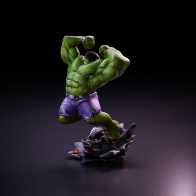 Muscular green hulk in purple shorts, dynamic pose, jump pose.