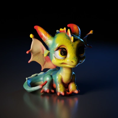 Cute baby dragon, large eyes, small wings.