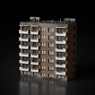 Modern apartment building exterior model.