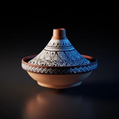 Decorative ceramic cooking pot with intricate design.