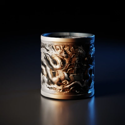 Intricately carved mug with dragon motifs. detailed