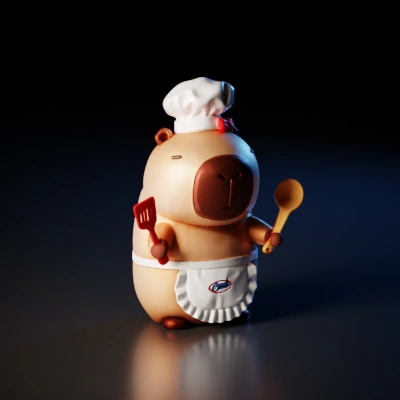 Capybara chef with utensils.