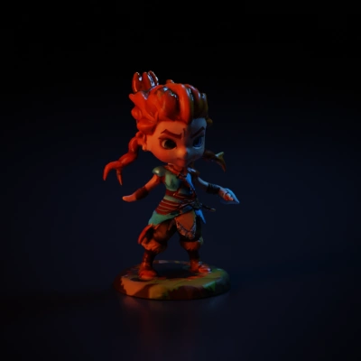 Cartoon-like character with tribal clothing and braided hair.