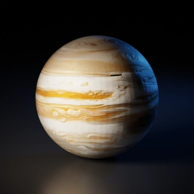 Planet with distinctive swirling bands and storms.