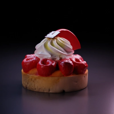 Raspberry tart with whipped cream topping.