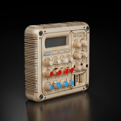 Retro electronic control panel with buttons and dials.