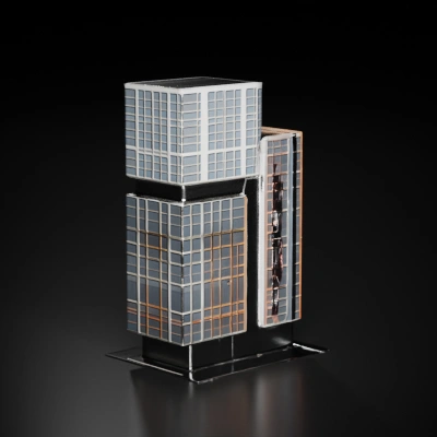 Modern skyscraper with multiple tiers and glass facade.