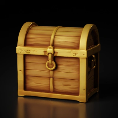 Wooden treasure chest, gold reinforcements, rounded lid.