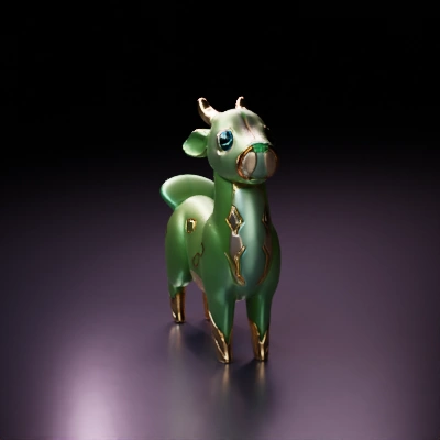 A green fawn with antlers and bronze decoration on its body,.
