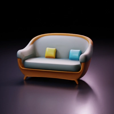 Modern curved wooden couch with cushions.