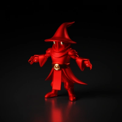 Wizard-like character with glowing eyes, cape, hat.
