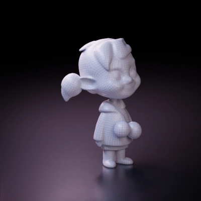 Animated little girl character, big eyes, ponytails. symmetric geometry. character. smooth edges. simple geometry. game-ready.