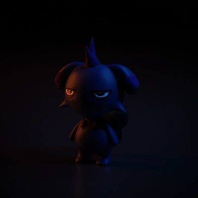 Animated dark creature with horn, tail.