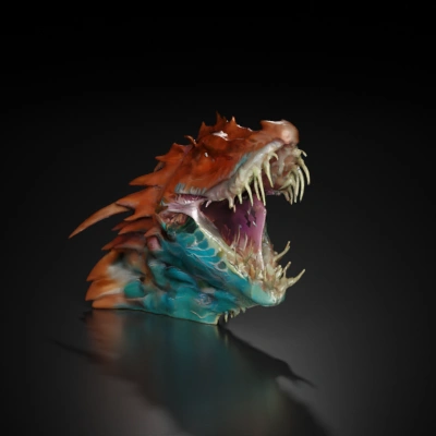 Gigantic dragon head with sharp teeth, roaring.