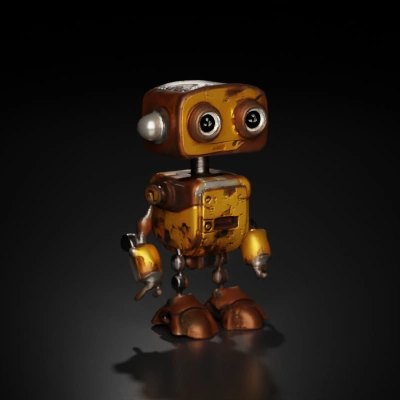 Rustic vintage robot, expressive eyes, boxy limbs.