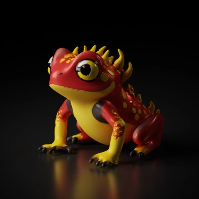 Cartoon fire-themed amphibian creature, large eyes, cute.