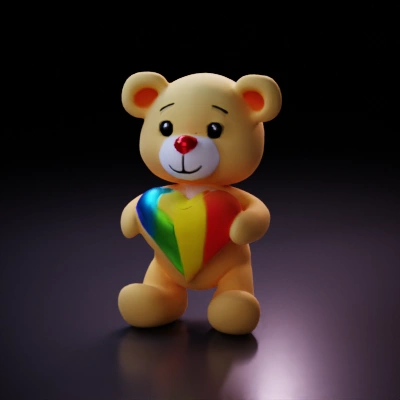 Cute teddy bear holding a rainbow-colored heart.