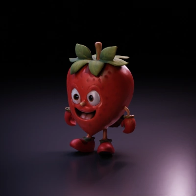 Strawberry-shaped character with gloves and shoes, cartoon-like.