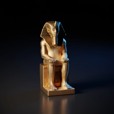 Ancient pharaoh statue seated on a throne, detailed carvings.