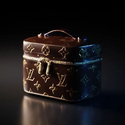 Luxury designer handbag, zippered, small case, handle.